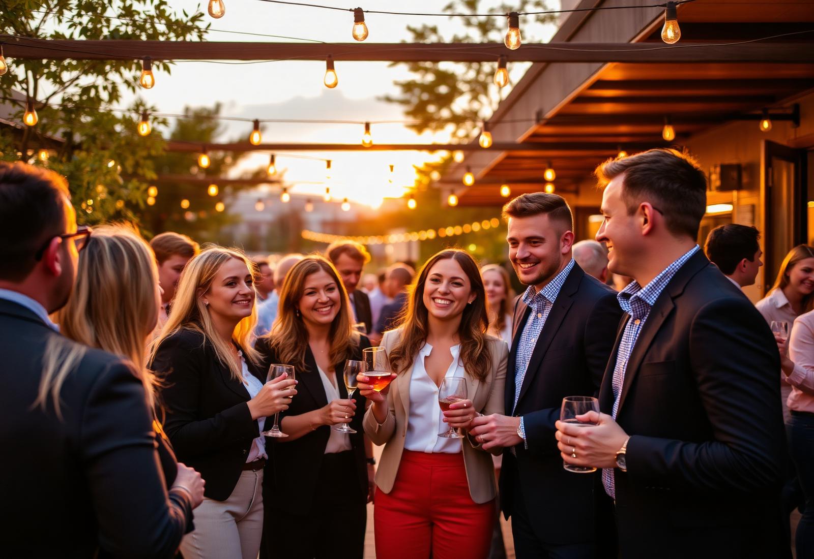 Integracja firmowa o zachodzie słońca, zespół w eleganckiej atmosferze